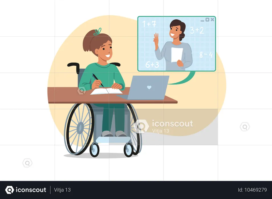 Éducation inclusive pour une adolescente assise dans un fauteuil roulant pendant un cours de mathématiques en ligne  Illustration