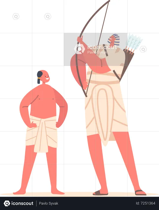 Egypt Little Boy With Shaved Head Wear Kilt And Archer Warrior Character Holding Bow And Arrows  Illustration