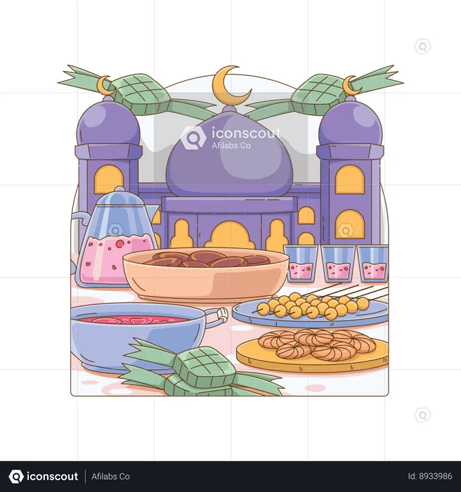 Eid food in front of mosque  Illustration