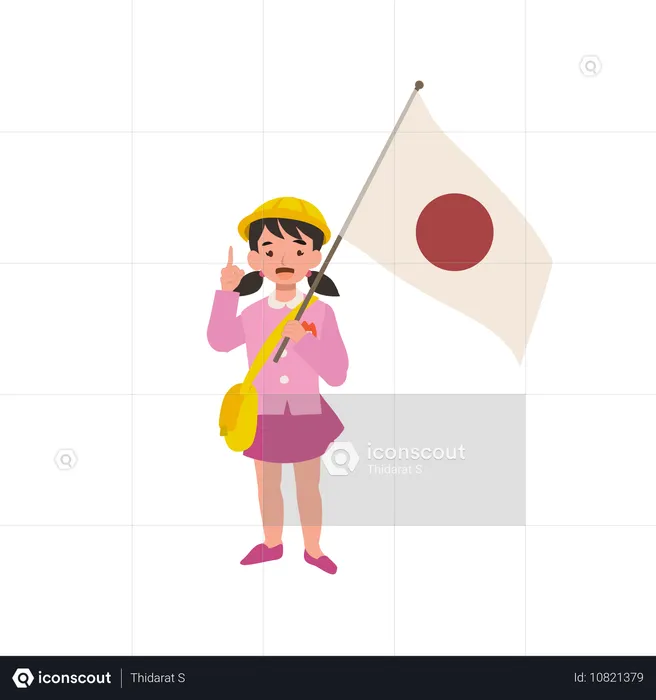 Ein junges Kindergartenmädchen in Schuluniform hält die japanische Flagge und stellt japanische Kultur und Traditionen vor  Illustration