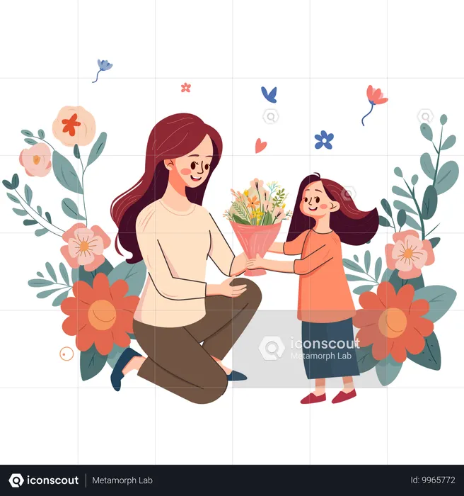 Ein Kind schenkt seiner Mutter einen Blumenstrauß  Illustration