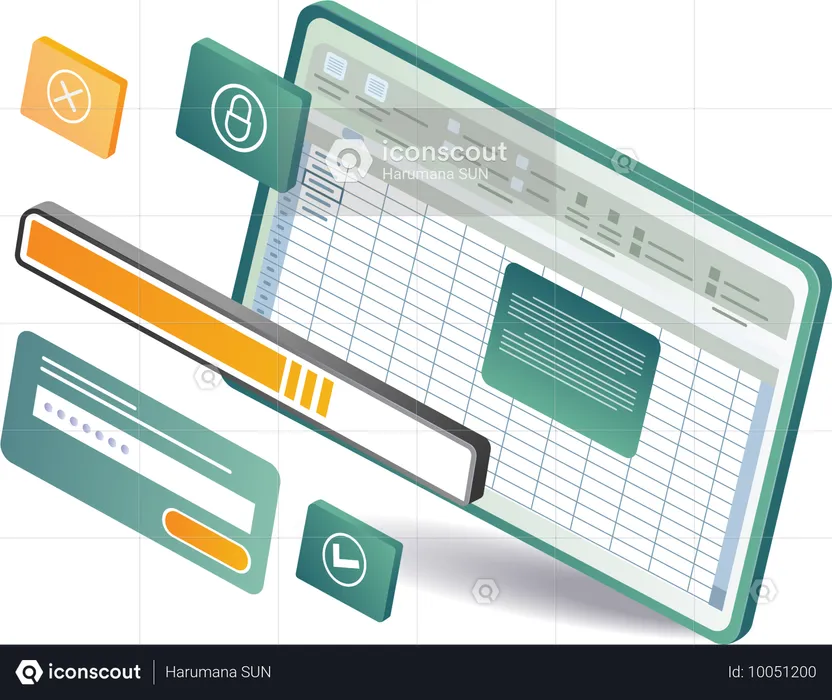 Ein Laptop, auf dem ein XLS-Dashboard mit einer Tabelle und verschiedenen Symbolen angezeigt wird  Illustration