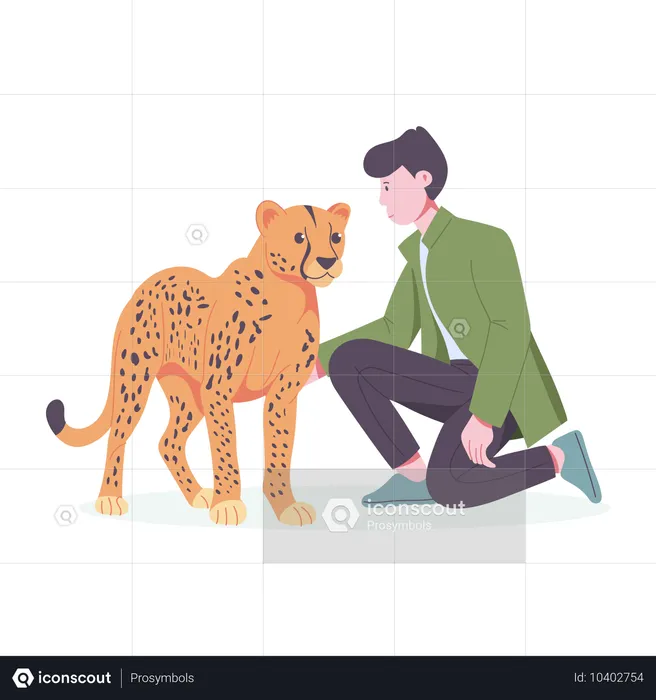 Ein Mann streichelt wilden Leoparden  Illustration