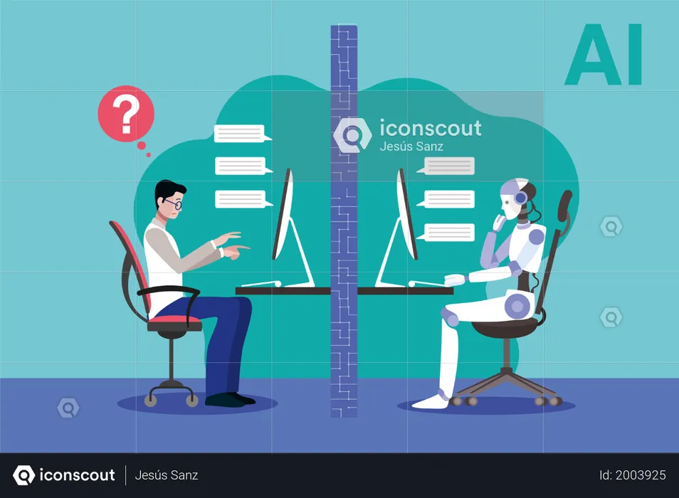 Ein Roboter und ein Wissenschaftler stellen sich dem Turing-Test  Illustration