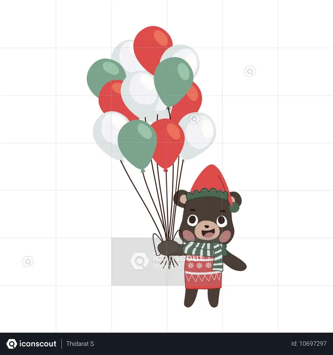 Ein entzückender Bär im Winteroutfit hält bunte Weihnachtsballons  Illustration