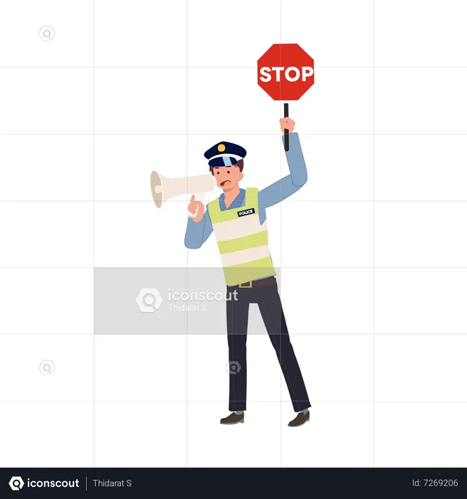 Ein Verkehrspolizist hält Stoppschild und spricht ins Megafon  Illustration