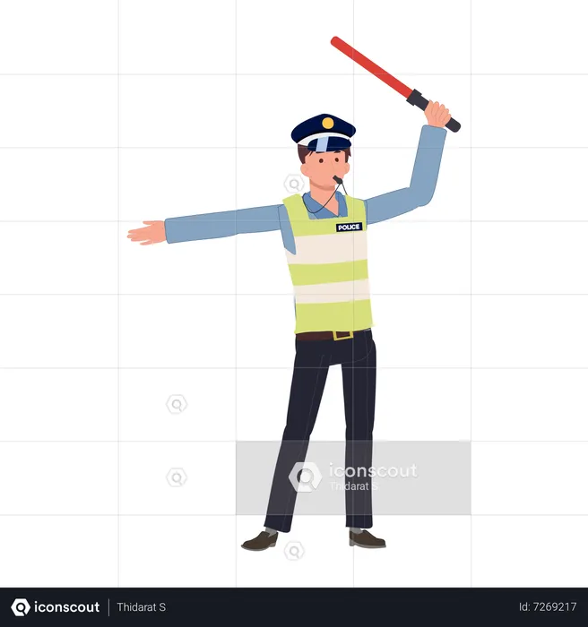 Ein Verkehrspolizist bläst eine Pfeife und hält einen Schlagstock  Illustration