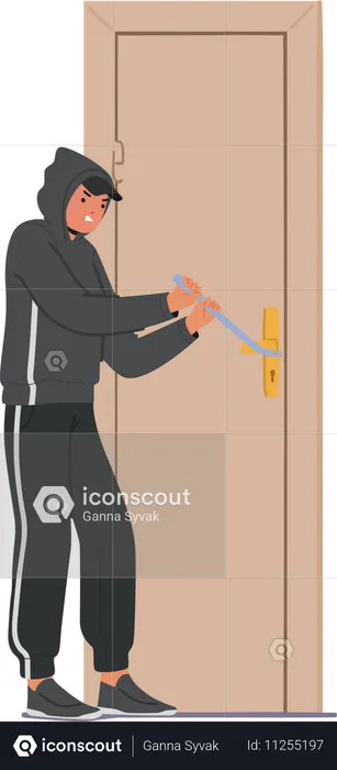 Einbrecher im Kapuzenpullover hebelt Tür mit Brecheisen auf  Illustration