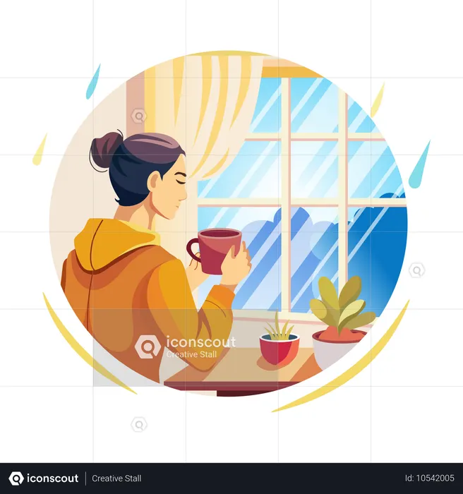 Eine Frau trinkt friedlich Tee am Fenster  Illustration