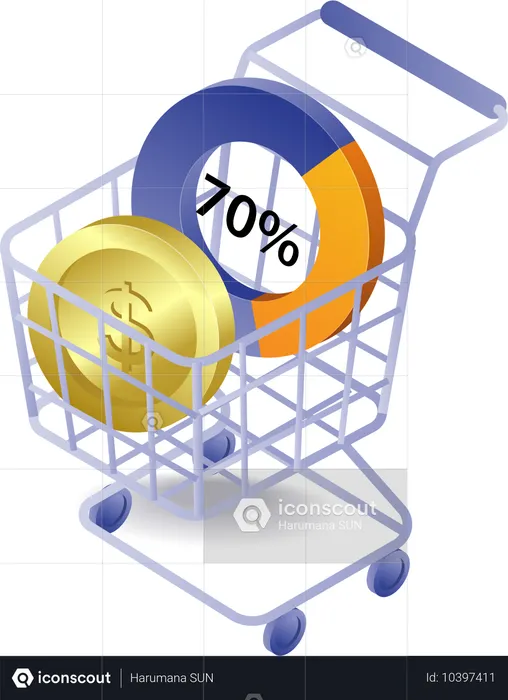 Einkaufswagen mit Münzen Prozentdiagramm  Illustration