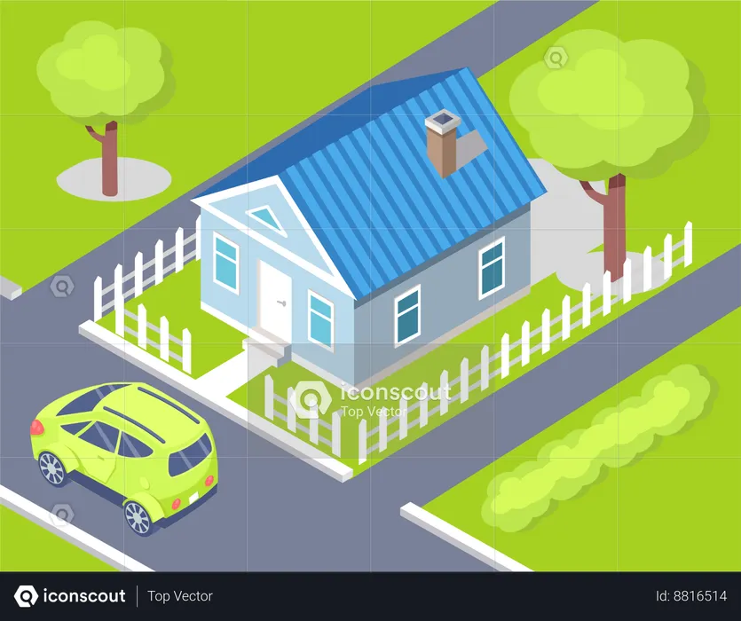 El auto está estacionado frente a la casa.  Ilustración