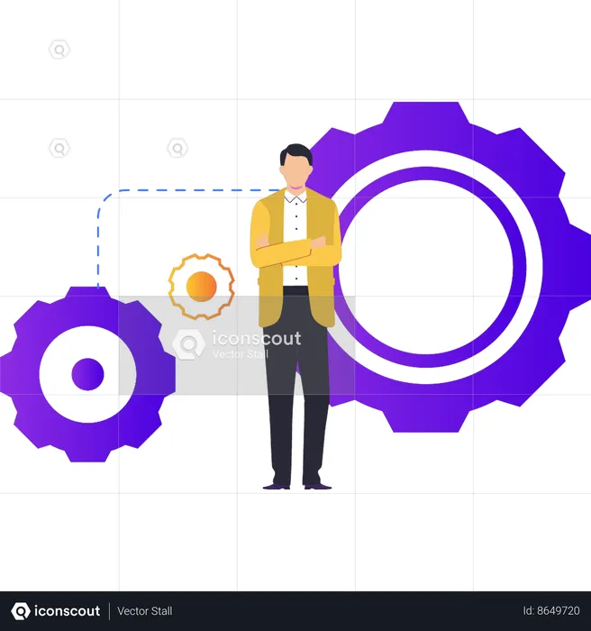 El chico está parado junto a la configuración.  Ilustración