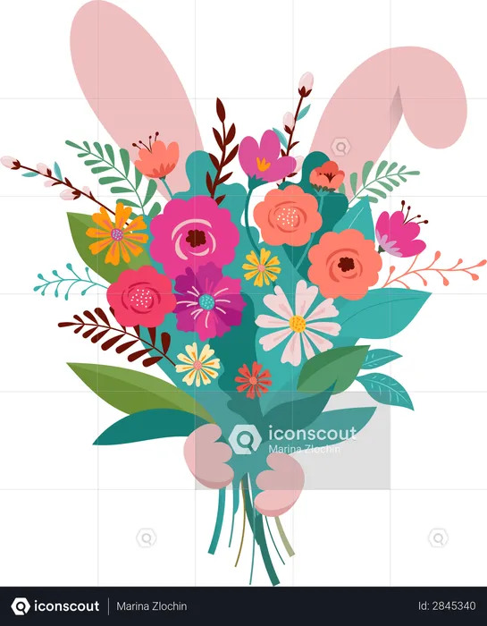 El Conejo de Pascua se esconde detrás del ramo de flores.  Ilustración