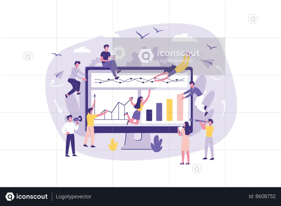 El equipo está trabajando en análisis de negocios.  Ilustración