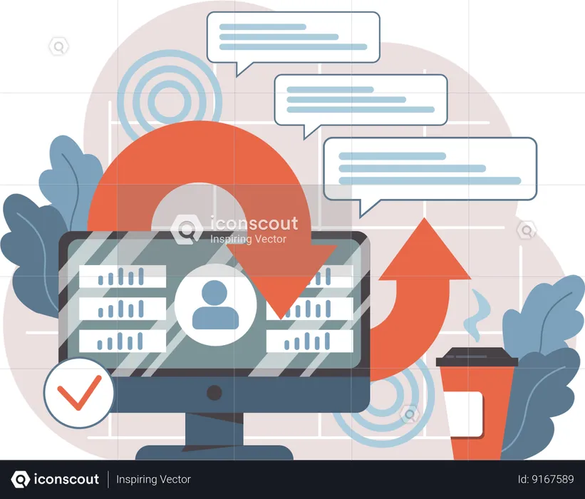 El escritorio muestra el análisis de datos mientras que la flecha circular continua indica la evaluación continua de los comentarios de los usuarios.  Ilustración