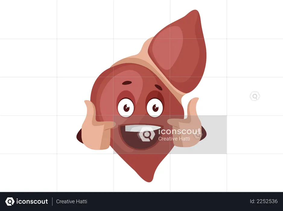 El hígado sonríe y muestra los pulgares hacia arriba.  Ilustración