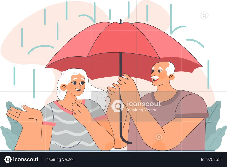 El hombre está ayudando a la mujer en tiempo lluvioso  Ilustración