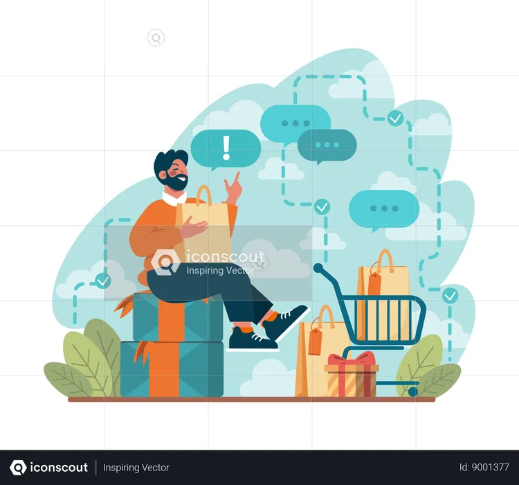 El hombre está contento con las compras.  Ilustración