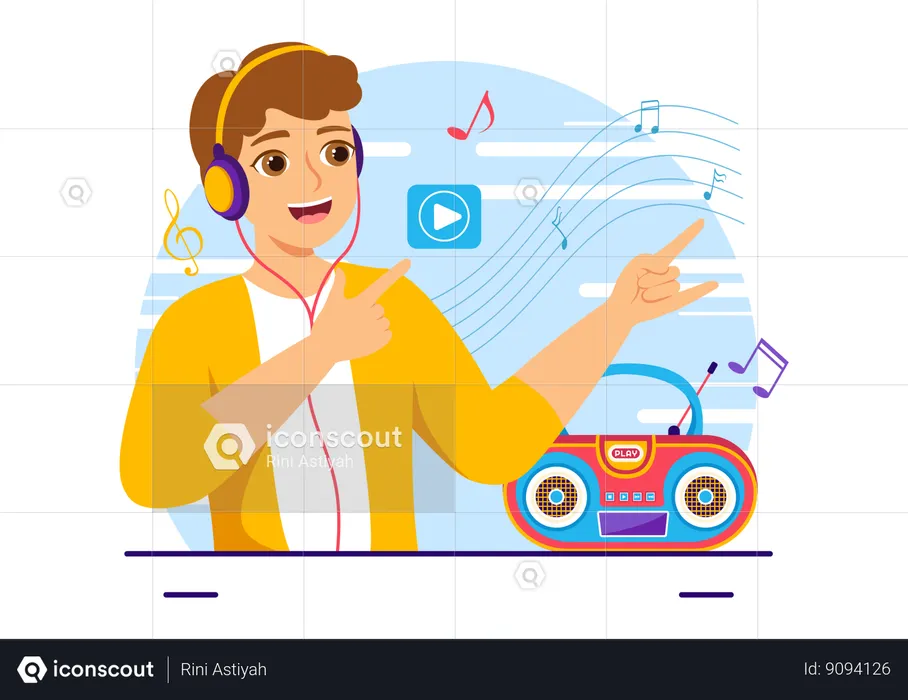 El hombre está escuchando música con auriculares  Ilustración