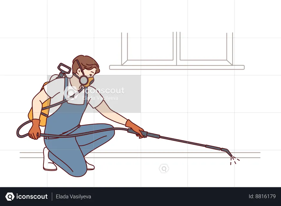 El hombre está realizando control de plagas utilizando equipos de desinfección.  Ilustración