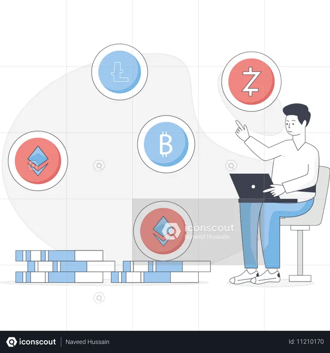 El hombre está buscando criptomonedas  Ilustración