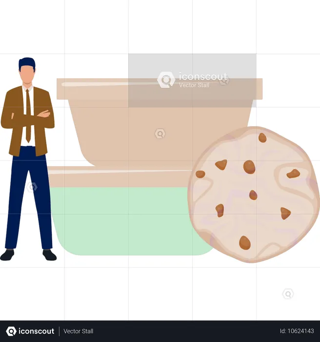 El hombre está de pie junto a las galletas de la panadería.  Illustration