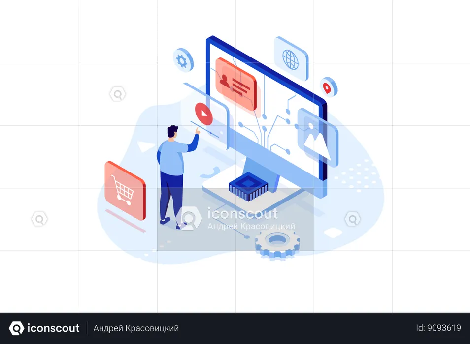 El hombre está trabajando en aplicaciones de redes sociales.  Ilustración