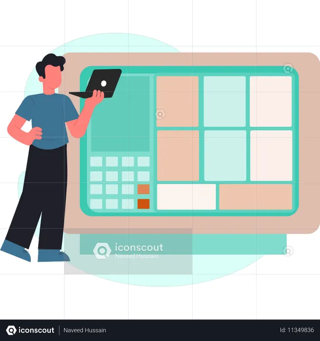 El hombre está usando una computadora portátil  Ilustración