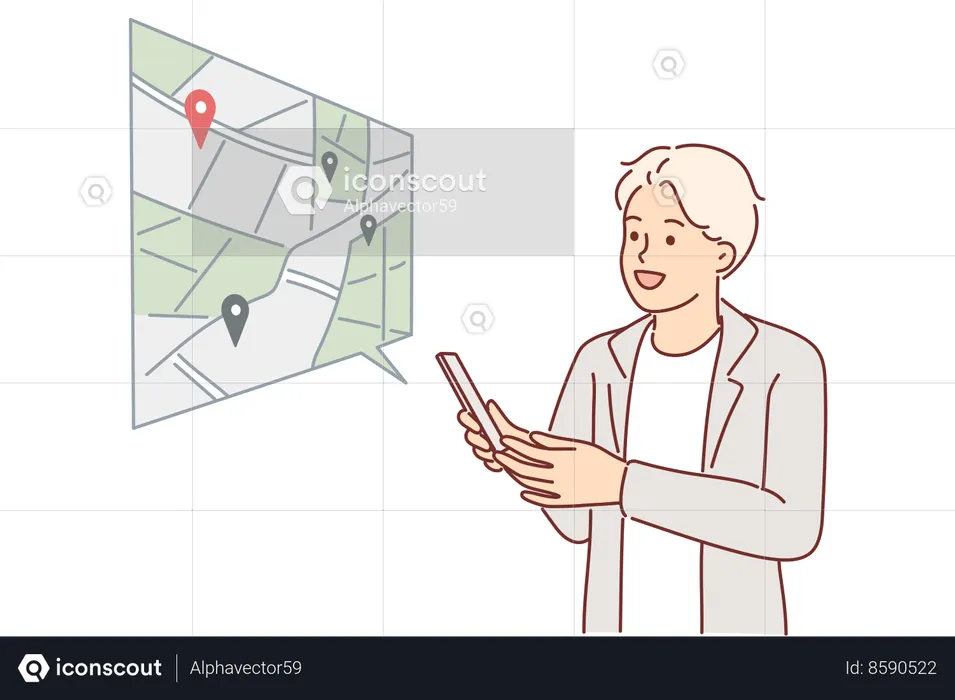 El hombre está viendo la navegación GPS.  Ilustración