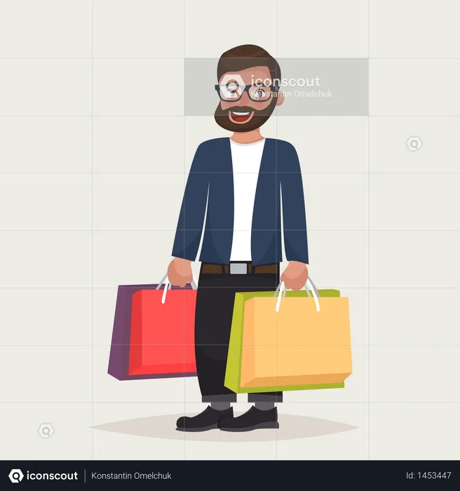 Hombre hipster barbudo con gafas está comprando con los paquetes  Ilustración