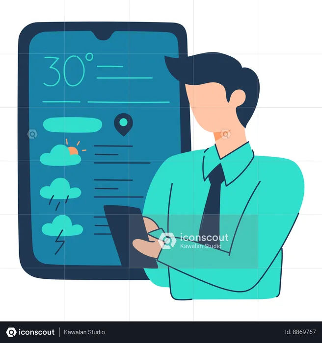 El hombre controla la aplicación meteorológica  Ilustración