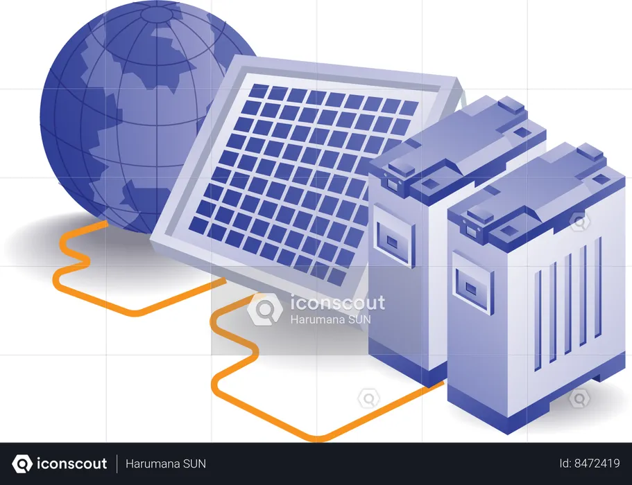 El mundo de las baterías de energía de paneles solares eco green.  Ilustración