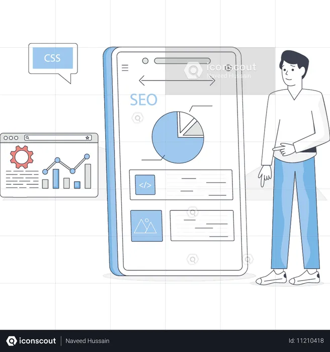 El niño está configurando un gráfico circular de SEO  Ilustración