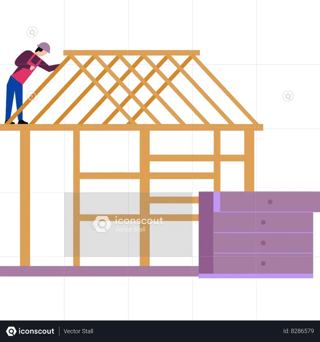 El niño está construyendo una casa de madera.  Ilustración