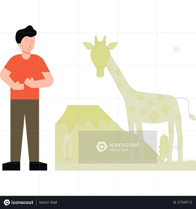 El niño está parado cerca de la jirafa.  Ilustración