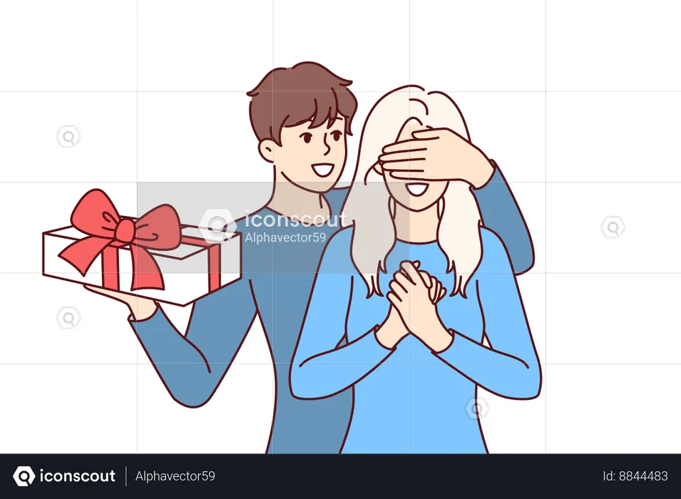 El novio sorprende a su novia con una caja de regalo y cubre los ojos de la niña con la mano  Ilustración