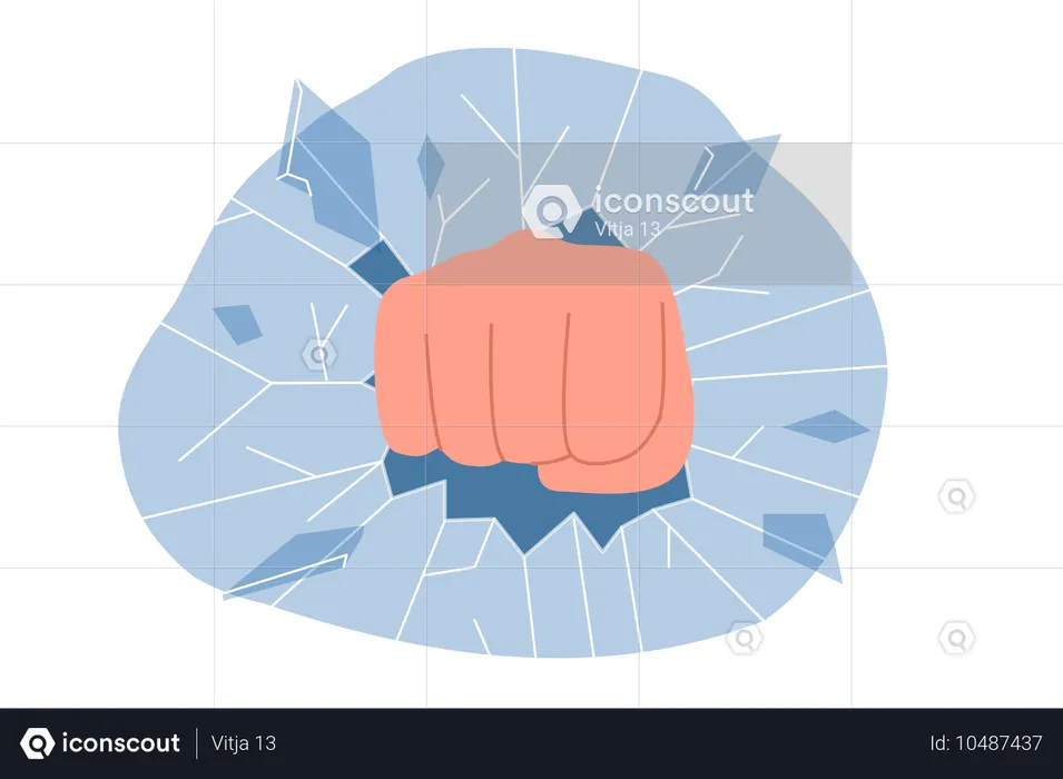El puño rompe el vidrio en pedazos simbolizando fuerza y agresión que evoca el deseo de destruir.  Ilustración