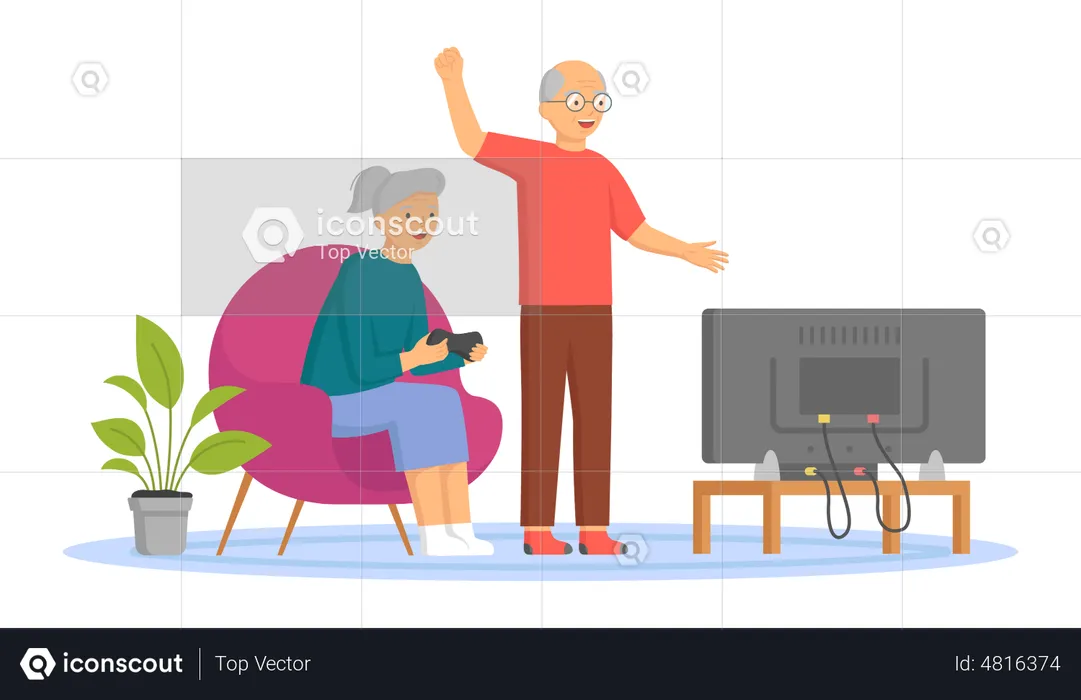 Elder couple cheering and playing video game  Illustration