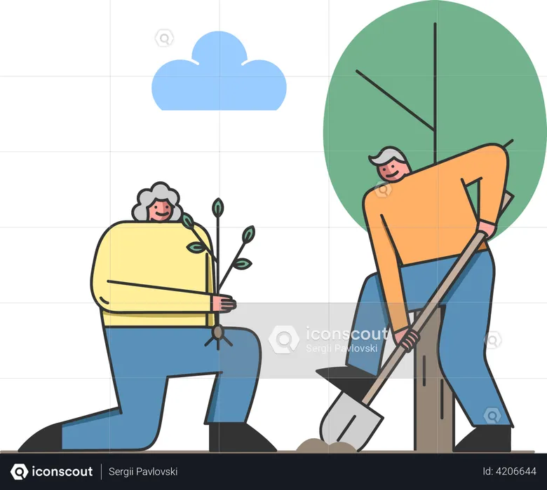Elder couple doing gardening together  Illustration
