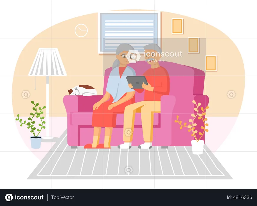 Elder couple using using mobile tablet  Illustration