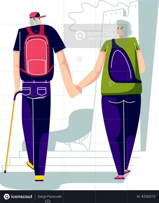 Elder man and woman with backpacks  Illustration