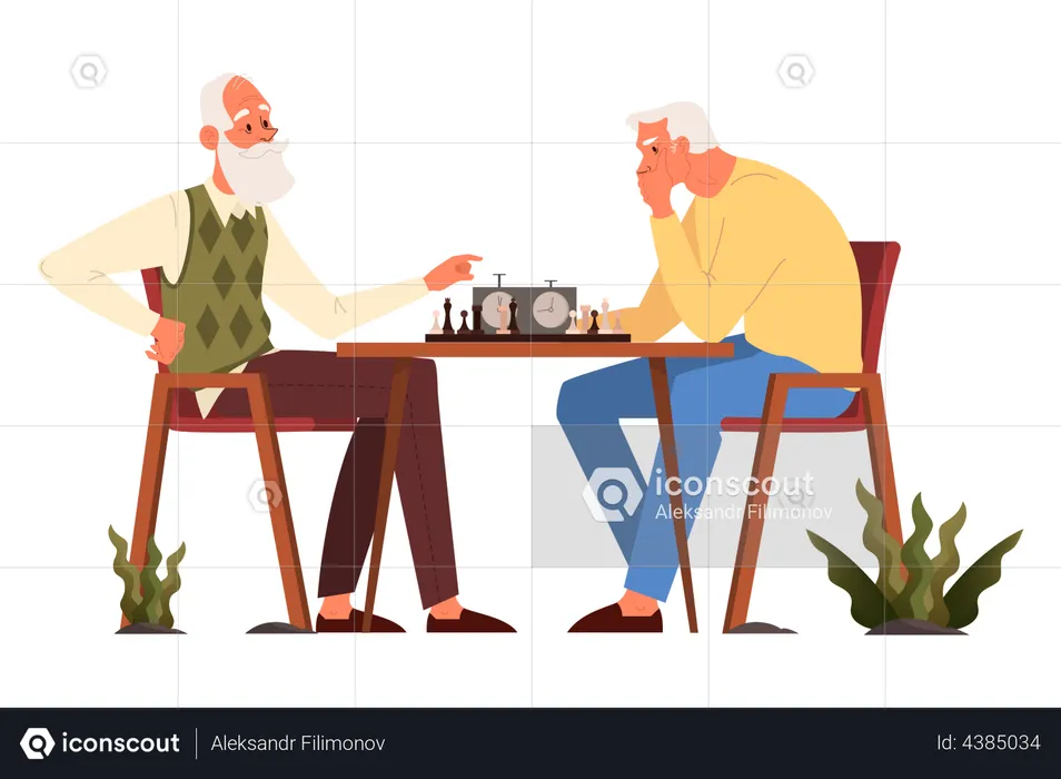 Elder men sitting at the table with chessboard  Illustration