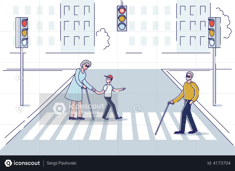 Elder people crossing road while boy helping them  Illustration
