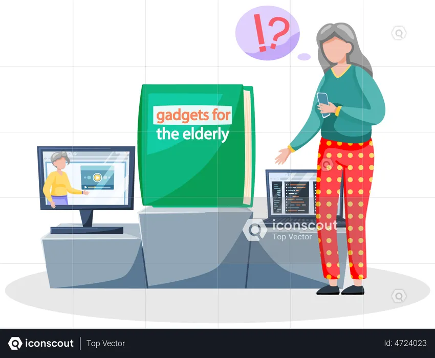 Elder woman working on computer  Illustration