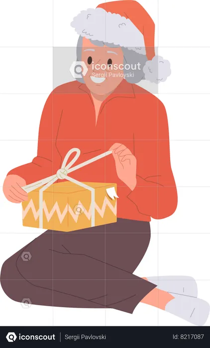 Elderly aged woman feeling happy opening wrapped gift box  Illustration