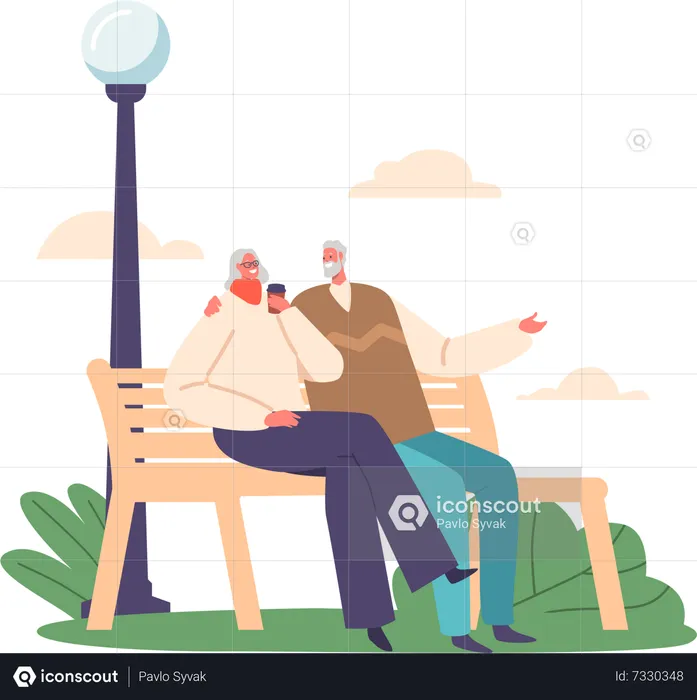 Elderly Couple Characters Enjoying A Moment Together On A Park Bench  Illustration