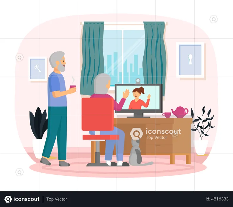 Elderly couple communicating via video conference  Illustration