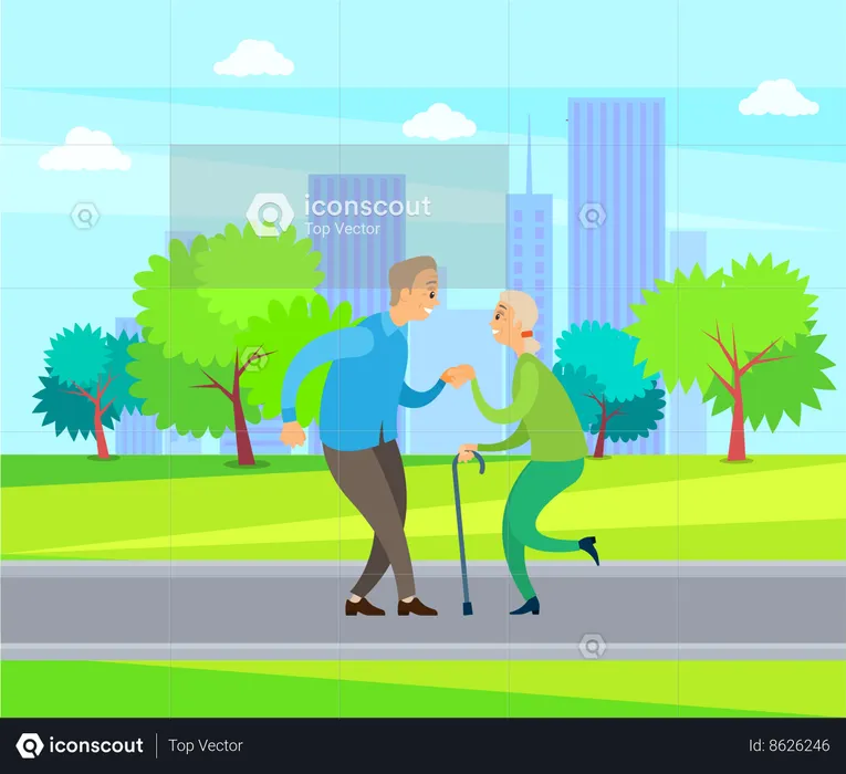 Elderly couple dancing outdoor  Illustration