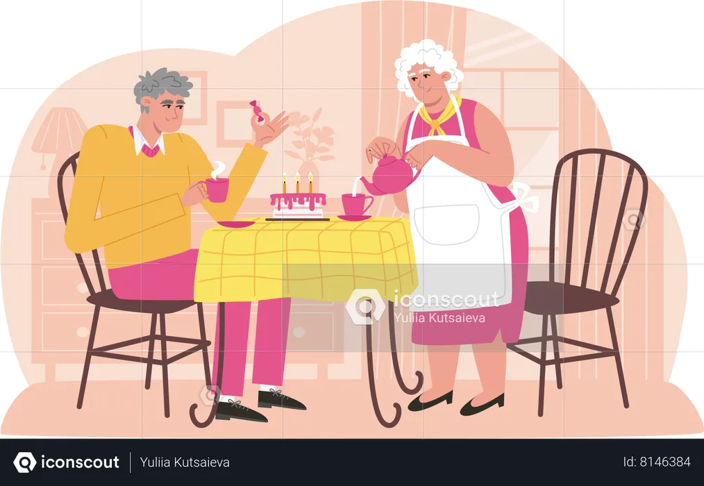 Elderly couple drink morning tea with cake in cozy home  Illustration