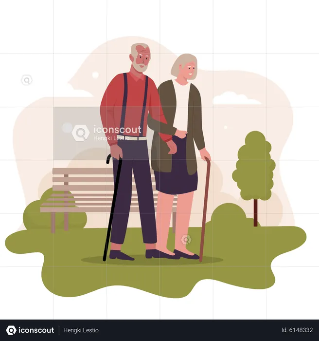 Elderly couple on outdoor walk  Illustration
